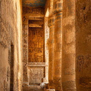 Ancient Egyptian temple corridor in sunlight 2