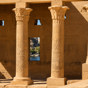 Ancient Egyptian temple corridor in sunlight