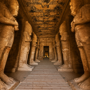 Ancient Egyptian temple corridor with statues