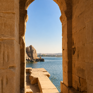 Ancient arch framing peaceful waterscape