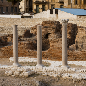 Ancient ruins amidst modern structures