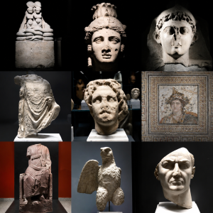 Ancient sculptures in museum grid display