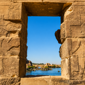 Ancient stone portal framing the river