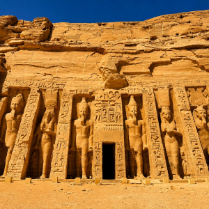 Ancient temple facade under a clear sky