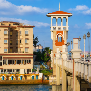 Coastal cityscape with Mediterranean architecture