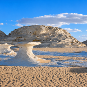 Desert badlands with mushroom rock formations