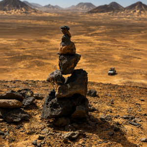 Desert cairn under bright sky