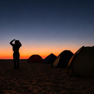 Desert campsite at sunset with silhouettes