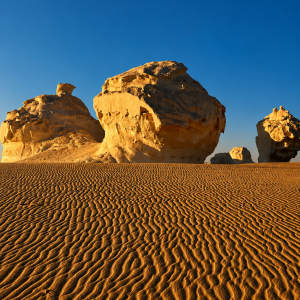 Desert dunes and sculpted rocks at sunset