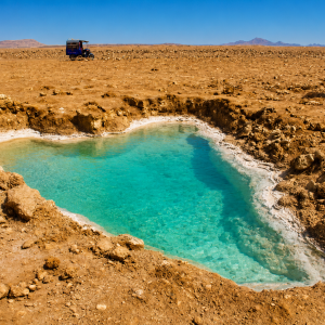 Desert oasis with a distant horizon