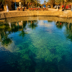Desert oasis with café and reflections