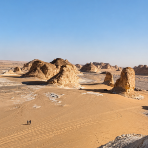Desert terrain with tire tracks and buttes