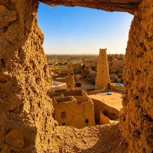 Desert town through an earthen window