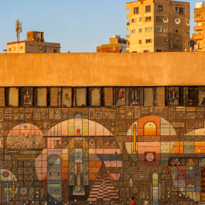 Golden hour mural on urban street