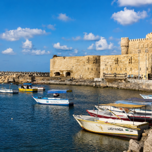 Harbor with fortress and boats