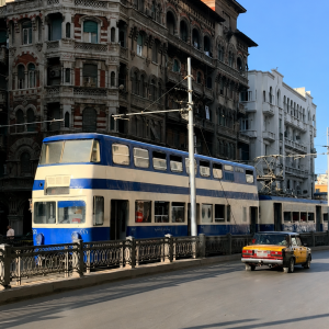 Historic city street with vintage tram