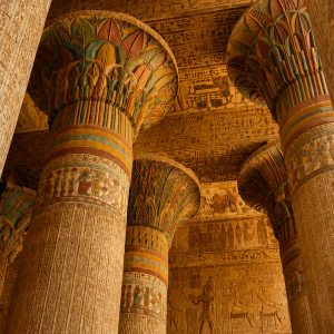 Majestic columns in ancient temple hall
