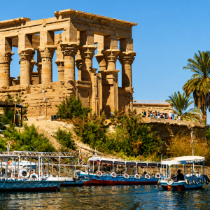 Riverside view of ancient Egyptian temple