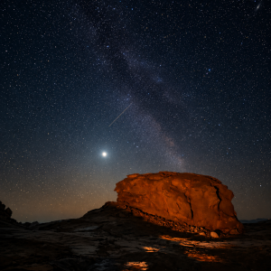 Starry desert night with glowing rock