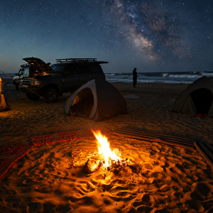 Starry night beach campsite glow