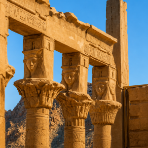 Sunlit Egyptian temple ruins in desert