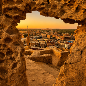 Sunset view through a desert window